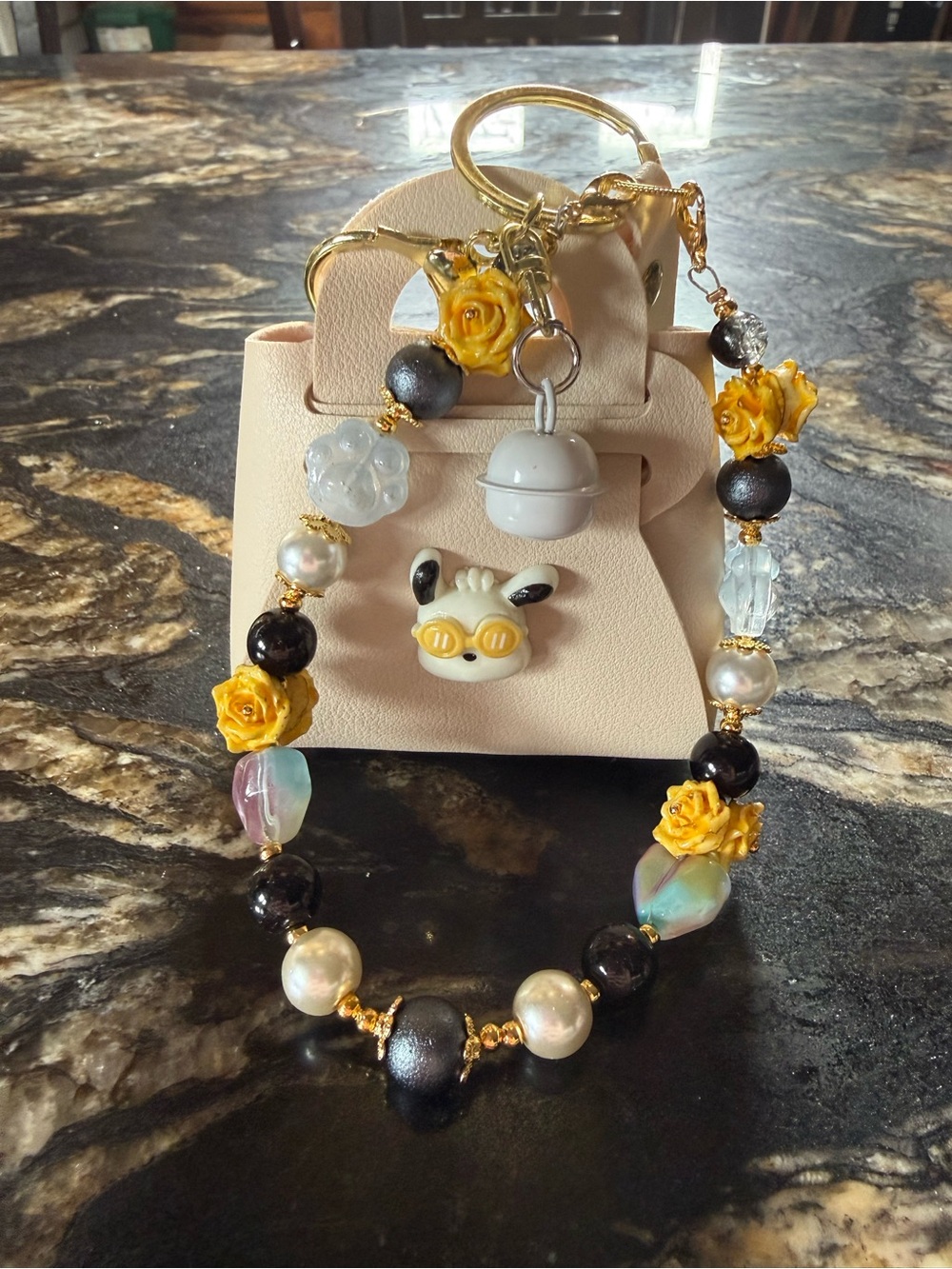Cute Pochacco Charm Beaded Wristlet - Yellow Rose & Pearl Accents